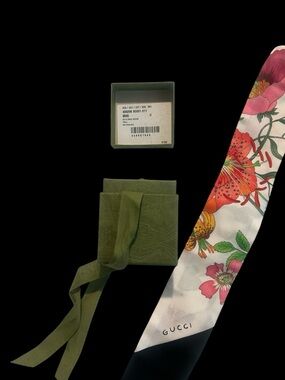 Gucci Floral Silk Twilly in White with Pink, Red & Green